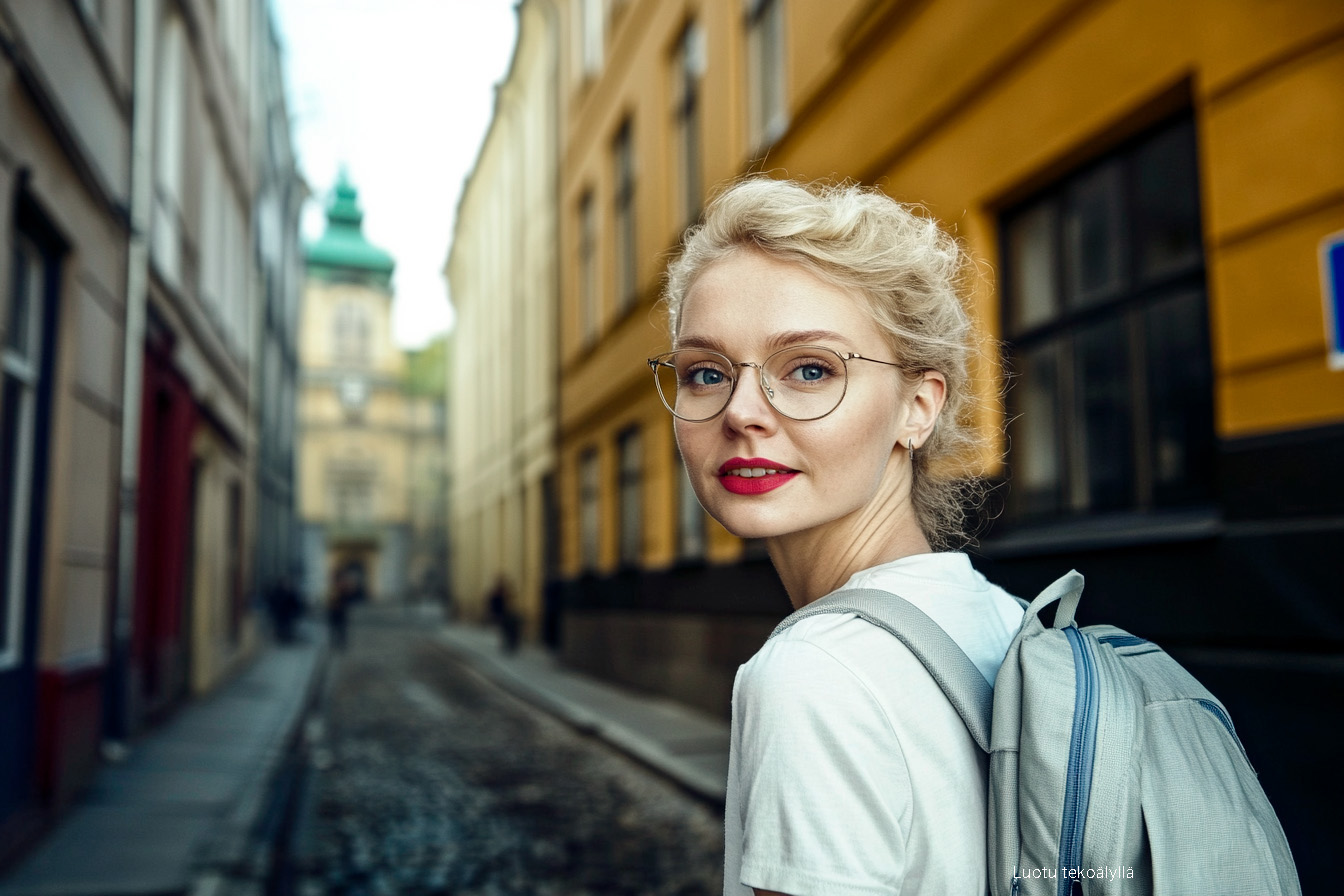 Nainen kadulla reppu selässä kääntyy katsomaan kameraan. Luotu tekoälyllä.